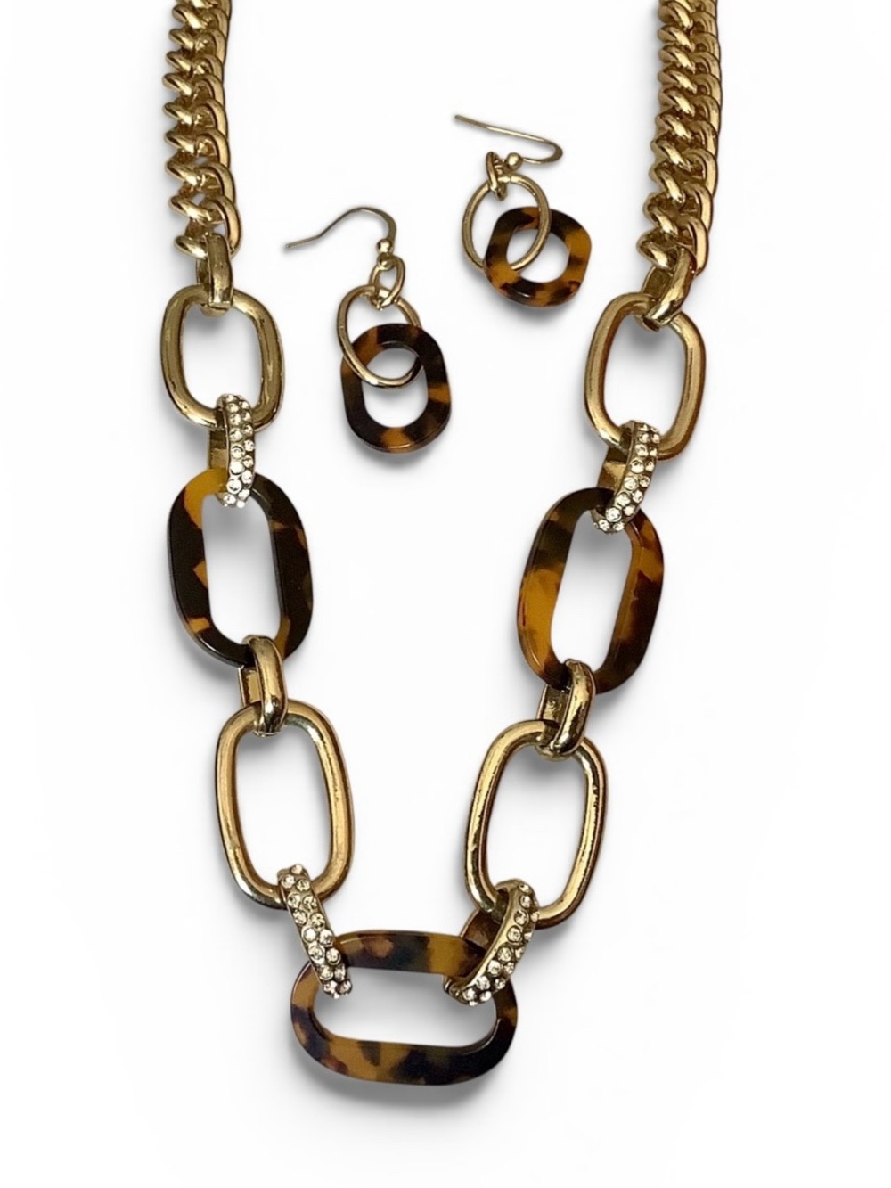 Gold and Tortoiseshell Link Necklace & Earrings Set. NWOT